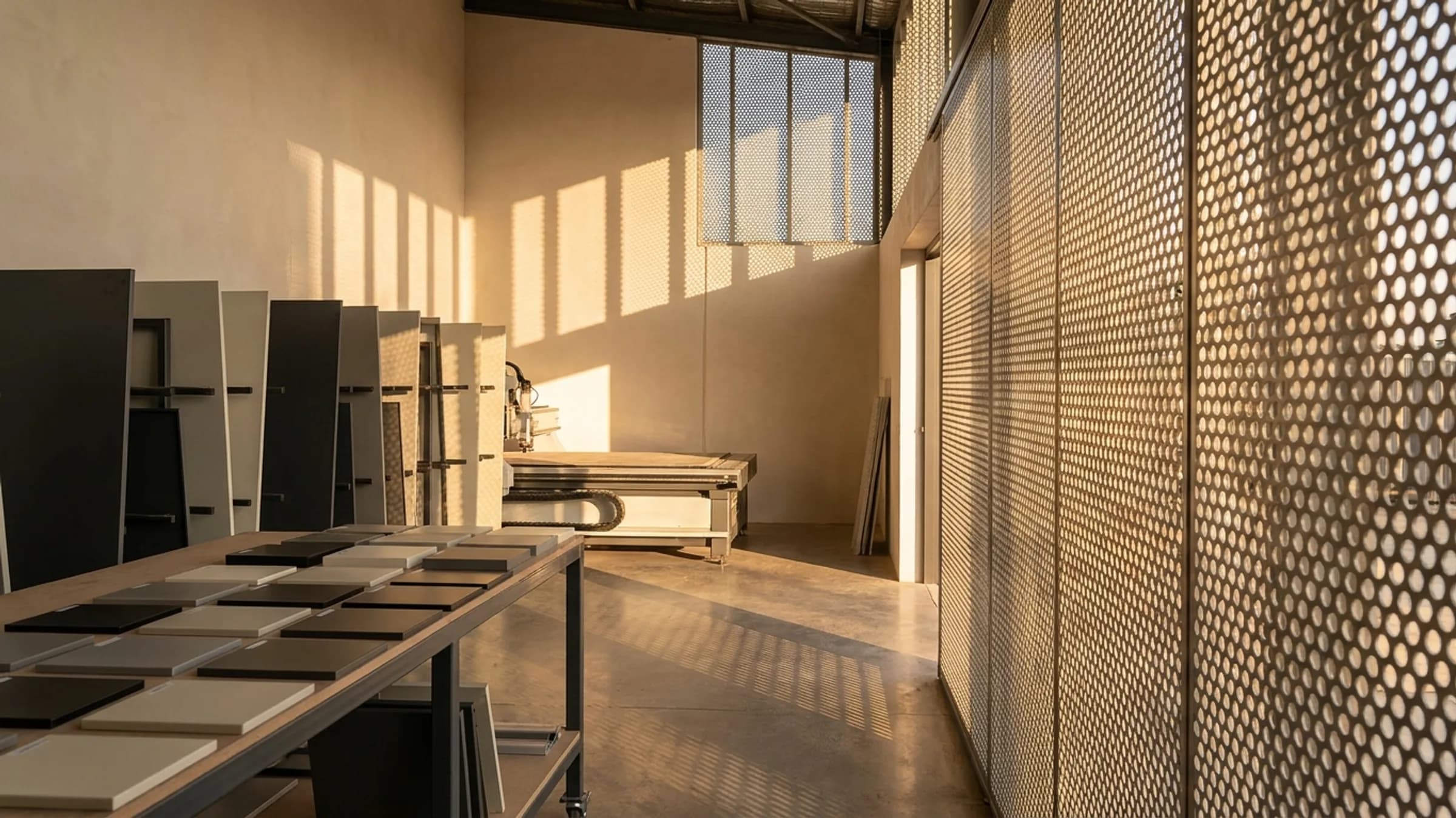 Interior of a clean metal fabrication workshop with cut aluminium panels racked