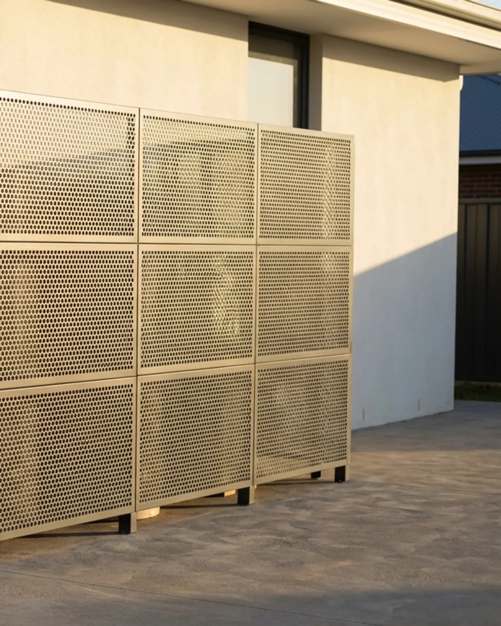 Ventilated aluminium enclosure screening an external geyser on a residential wall