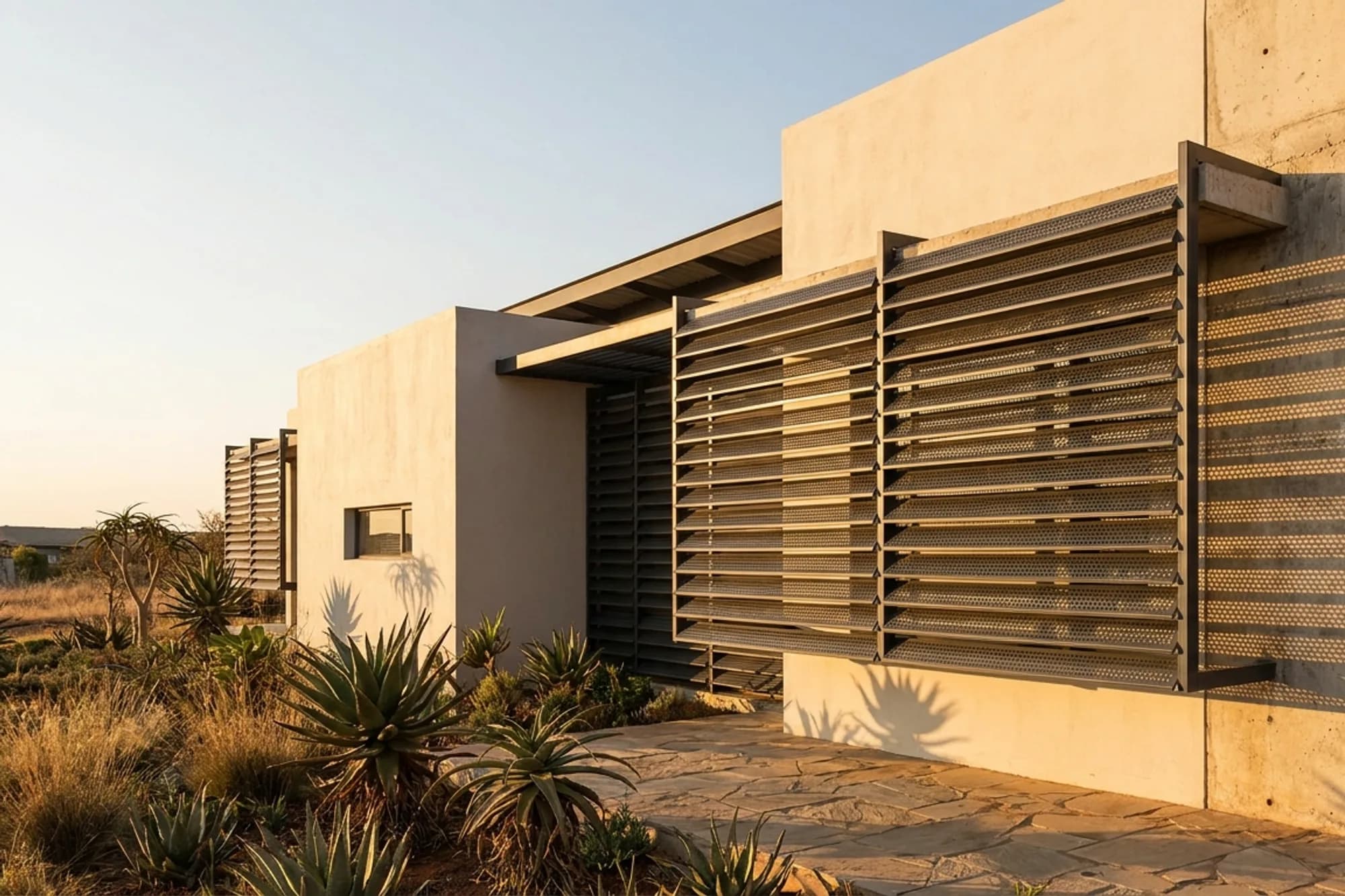 Sun shading louvres installed in a residential setting