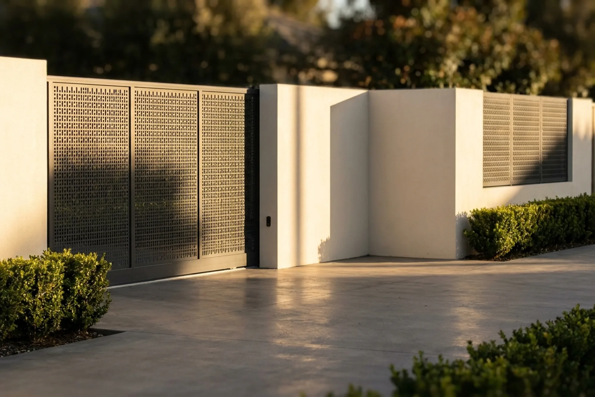 Laser-cut aluminium facing panel fitted to a sliding driveway gate frame