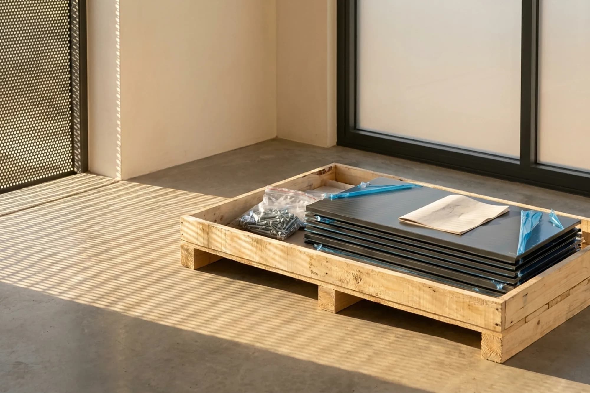 Flat-packed cut panels in a crate