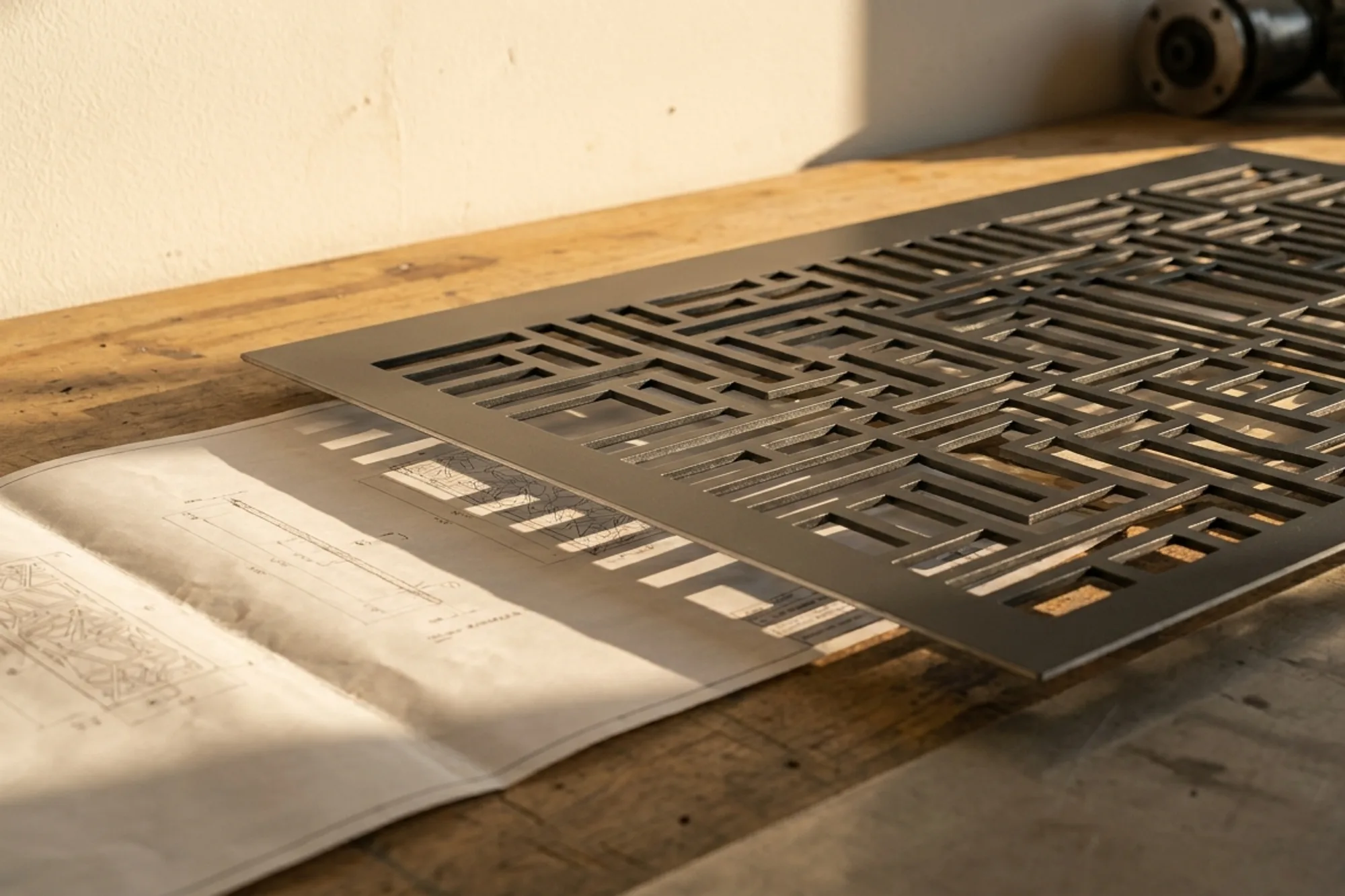 Detail of a custom pattern laser cut into an aluminium composite panel