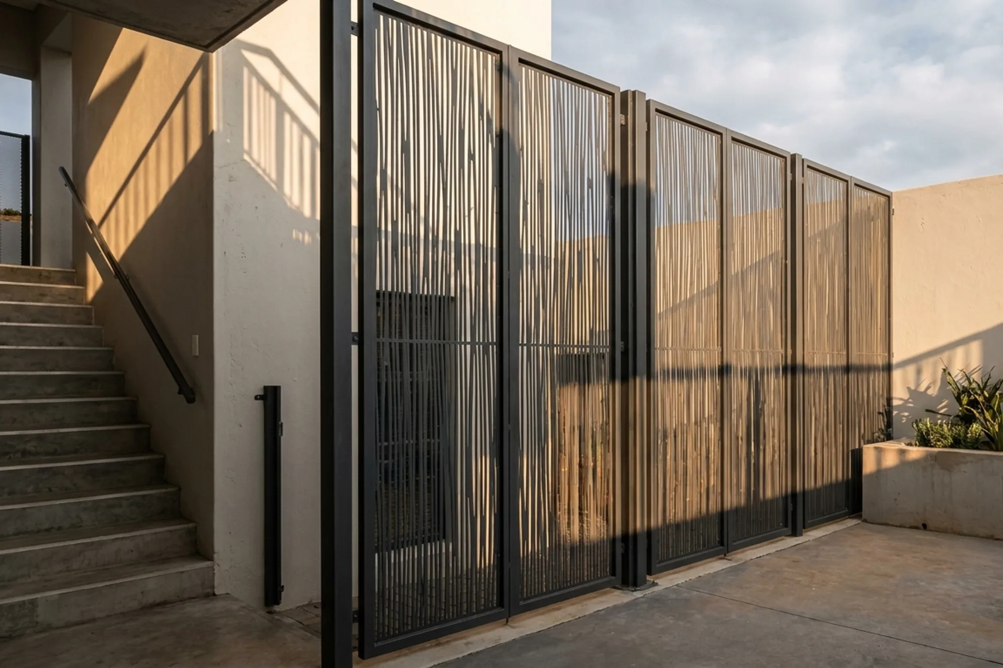 Courtyard privacy screening — wide view