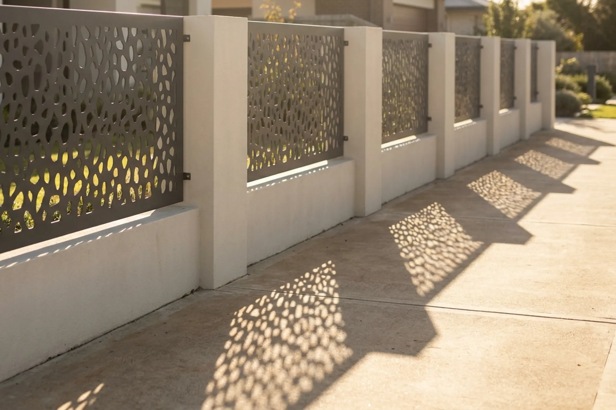 Run of decorative laser-cut aluminium fence panels along a boundary wall