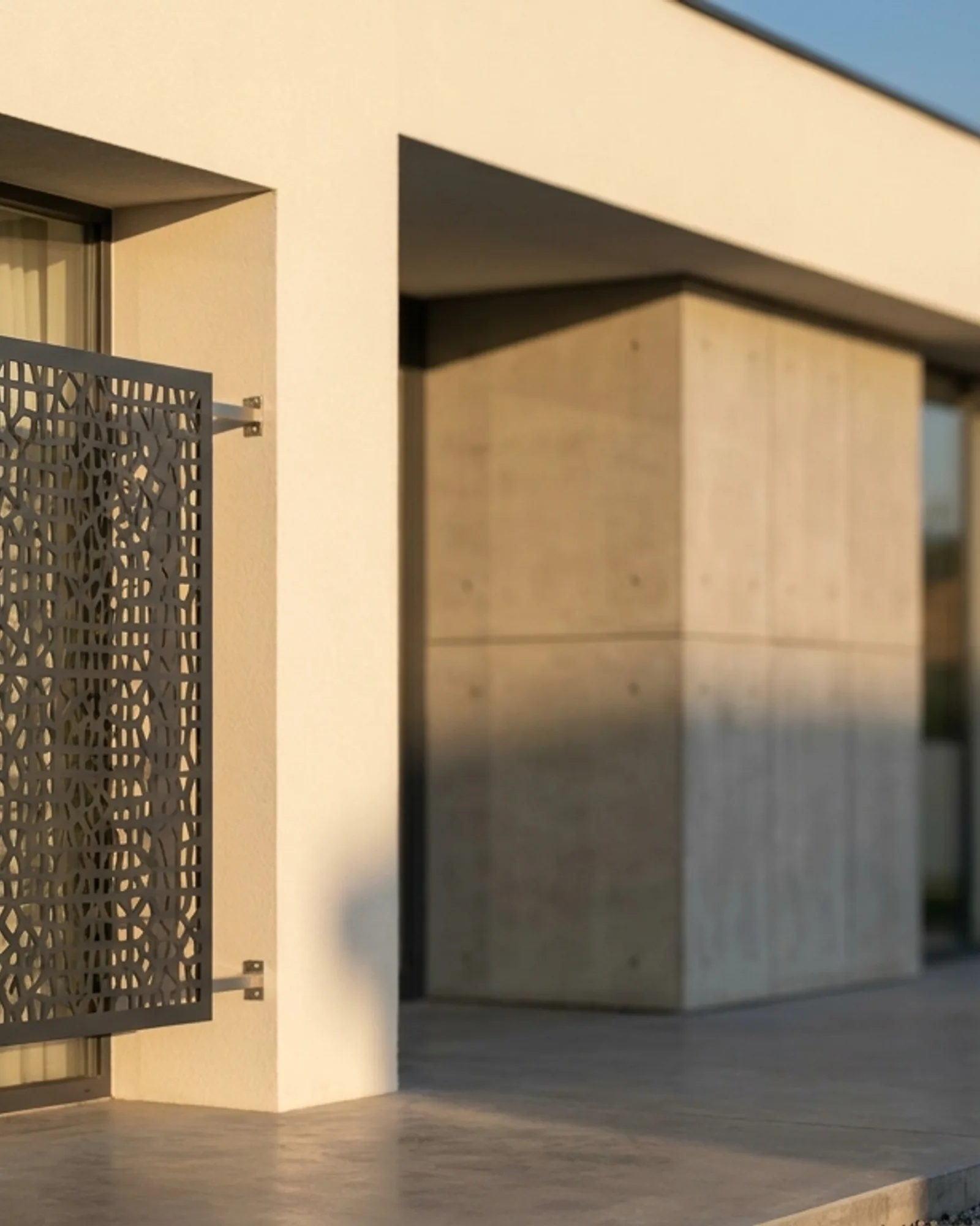 Decorative laser-cut aluminium window screen mounted over a residential window
